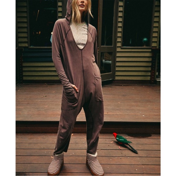 Free People Movement Hot Shot Long-Sleeve Hooded Onesie Espresso Brown Size M, L - Picture 1 of 11